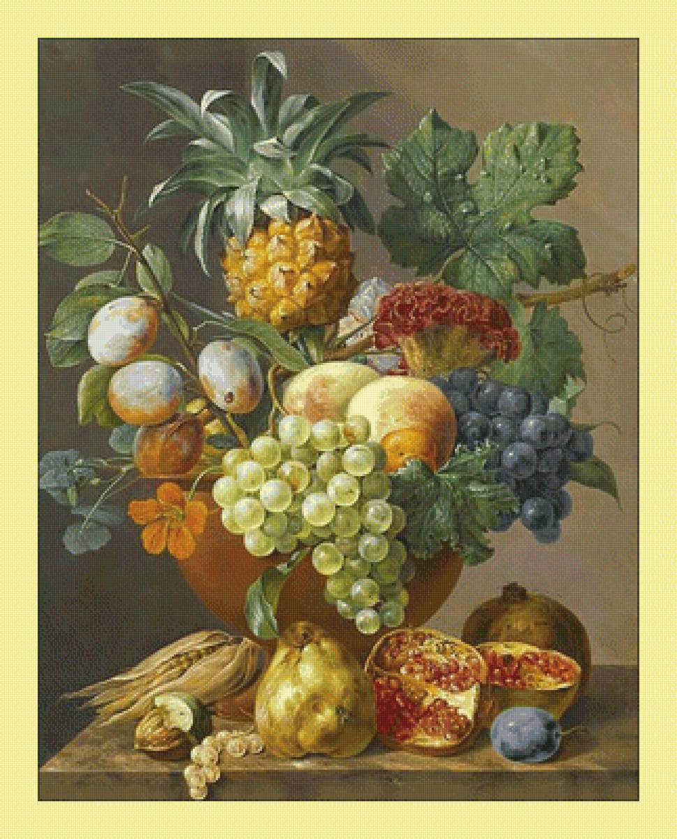 Фруктовый натюрморт. - фрукты, виноград, цветы, гранат, живопись, натюрморт - предпросмотр