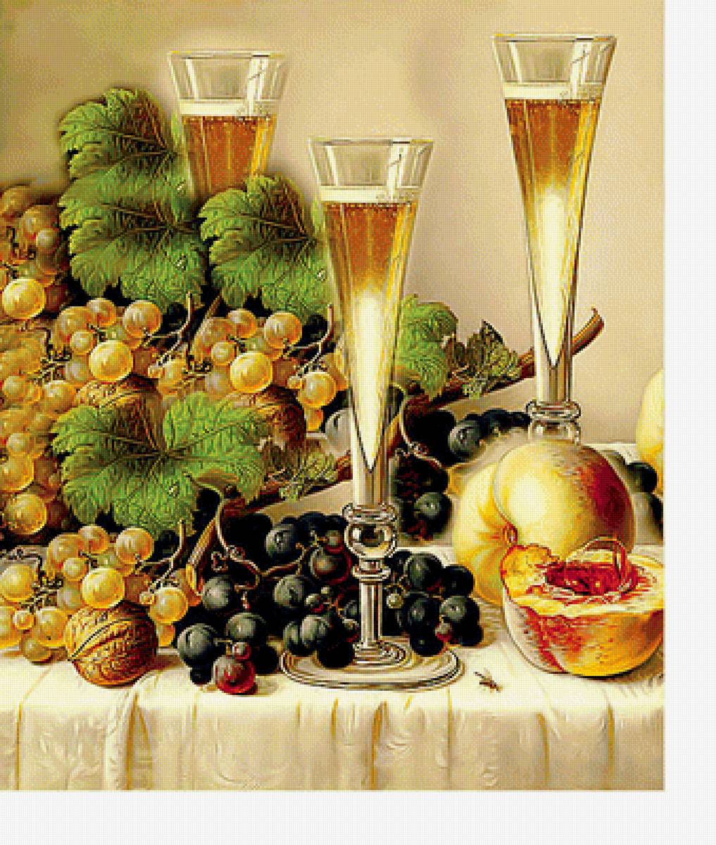 Натюрморт - бокалы, фрукты, виноград - предпросмотр