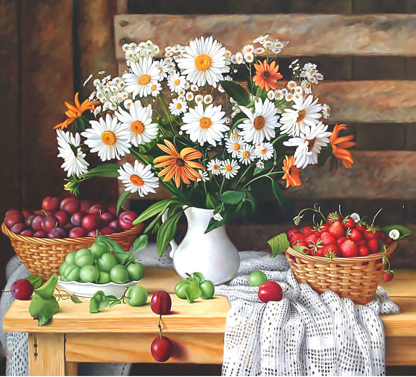 Натюрморт - букет, ромашки, цветы, фрукты - оригинал
