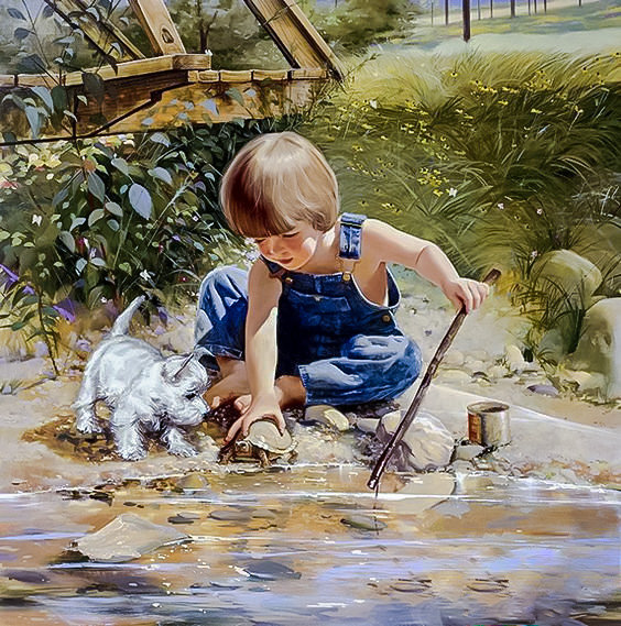 Summertime Friends. - donald zolan paintings. children.animals. - оригинал
