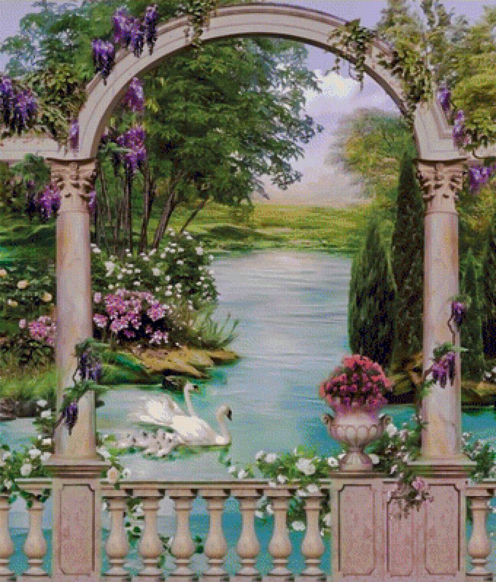 Swan Duet. - lena liu painter.scenarys birds.flowers and gardens. - предпросмотр