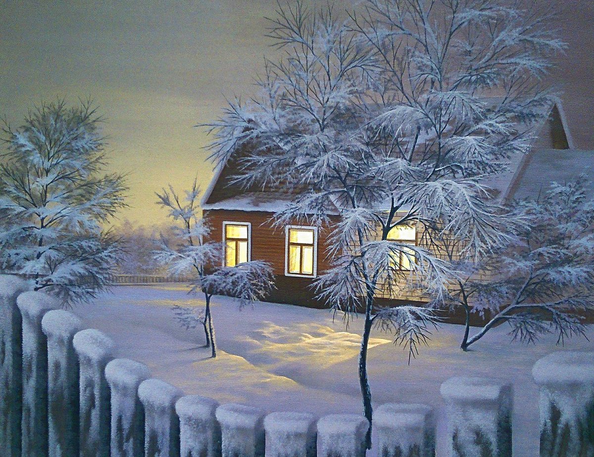 зимняя ночь - снег, ночь, домик, деревья, зима - оригинал