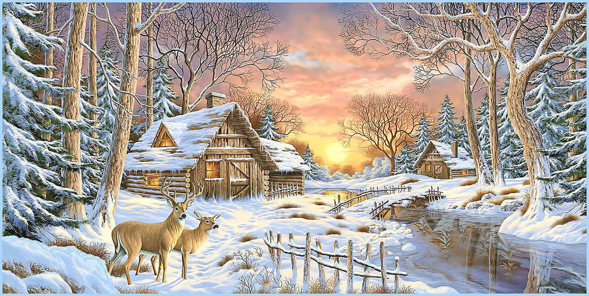 Зимний пейзаж с оленями. - пейзаж, олени, река, снег, зима, лес, живопись - оригинал
