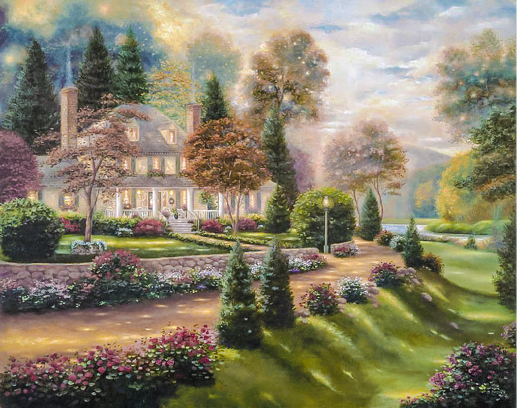 The Gorgeous House with its Garden. - betsy brown paintings. scenarys.flowers and gardens. - оригинал