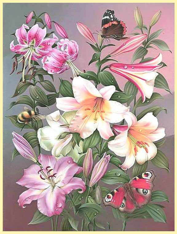 Лилии. - лилии, букет, бабочки, цветы - оригинал