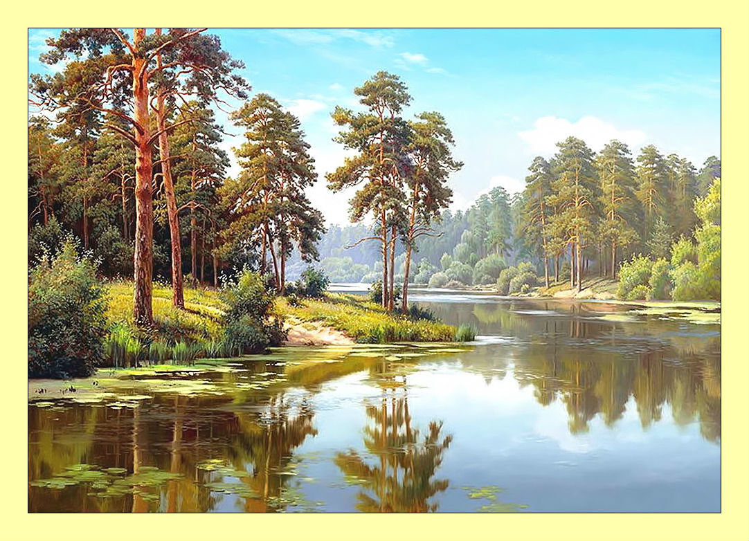 Лесная река. - река, лес, сосны, пейзаж, живопись, природа - оригинал