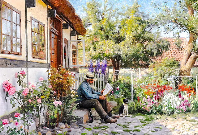 The Painter with his Dog. - peder mørk mønsted painter.scenary.people.animals.flowers and ga - оригинал