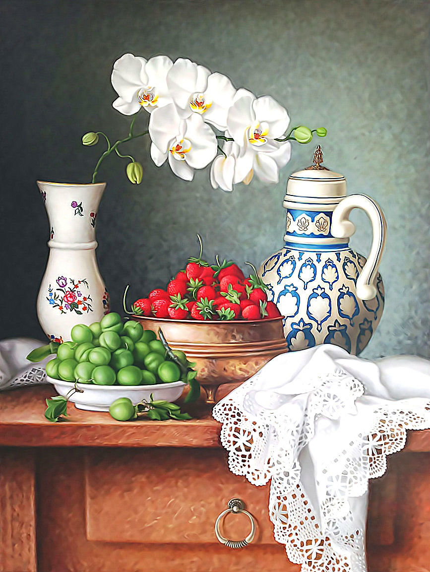 Натюрморт - цветы, клубника, ваза, орхидеи, сливы - оригинал