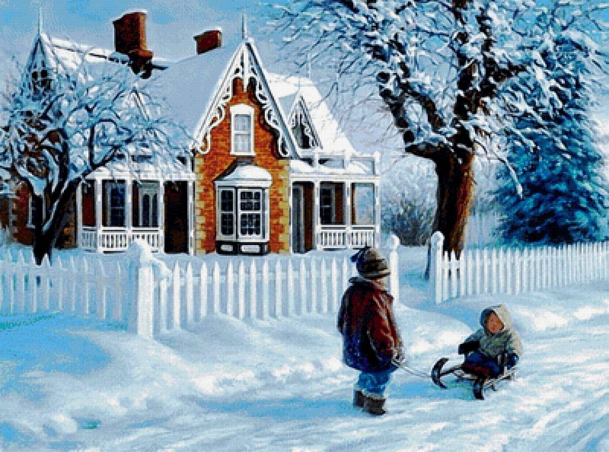 зима - дом, дети, зима, деревья, домик - предпросмотр