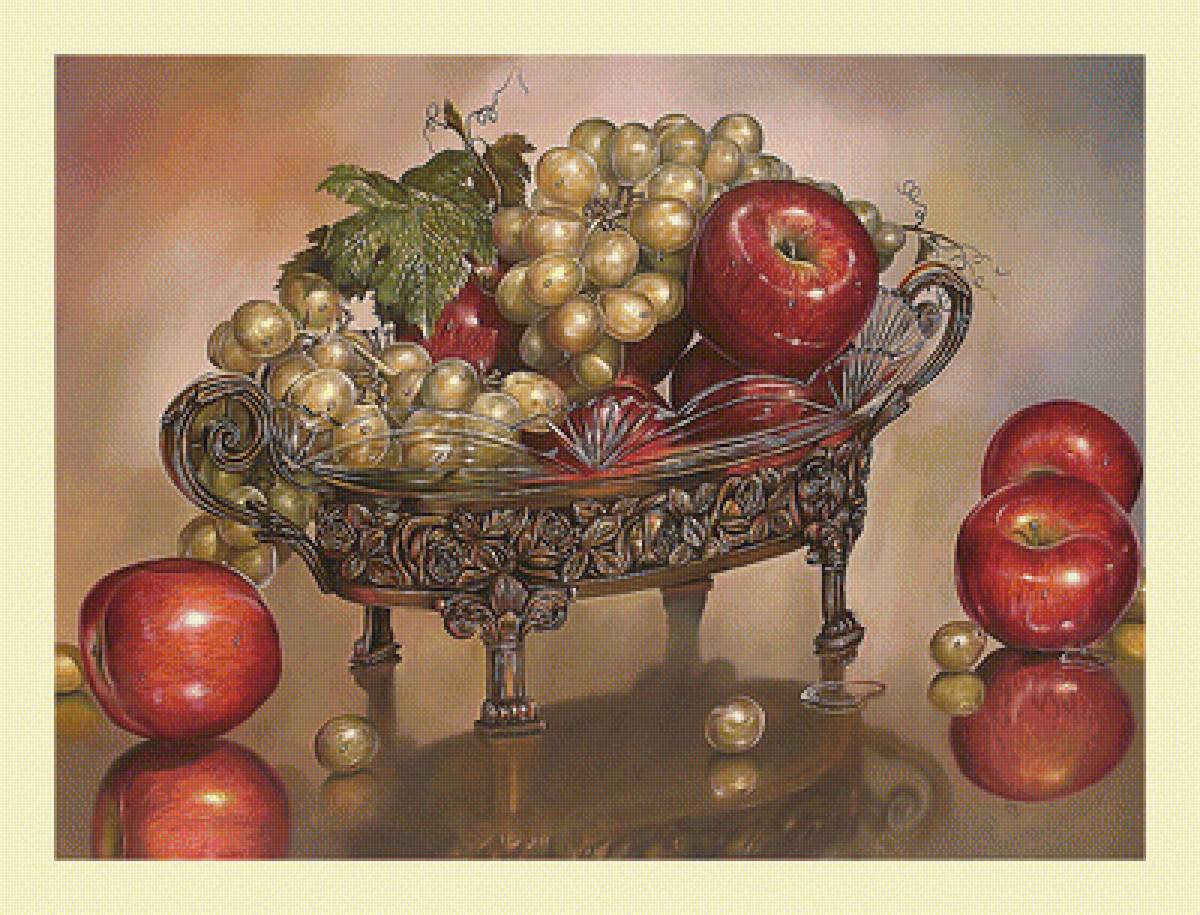 Натюрморт с виноградом и яблоками. - яблоки, живопись, виноград, натюрморт - предпросмотр