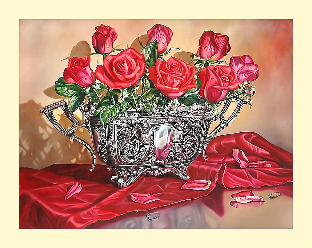 Красные розы. - живопись, ваза, букет, цветы, розы, красные - оригинал