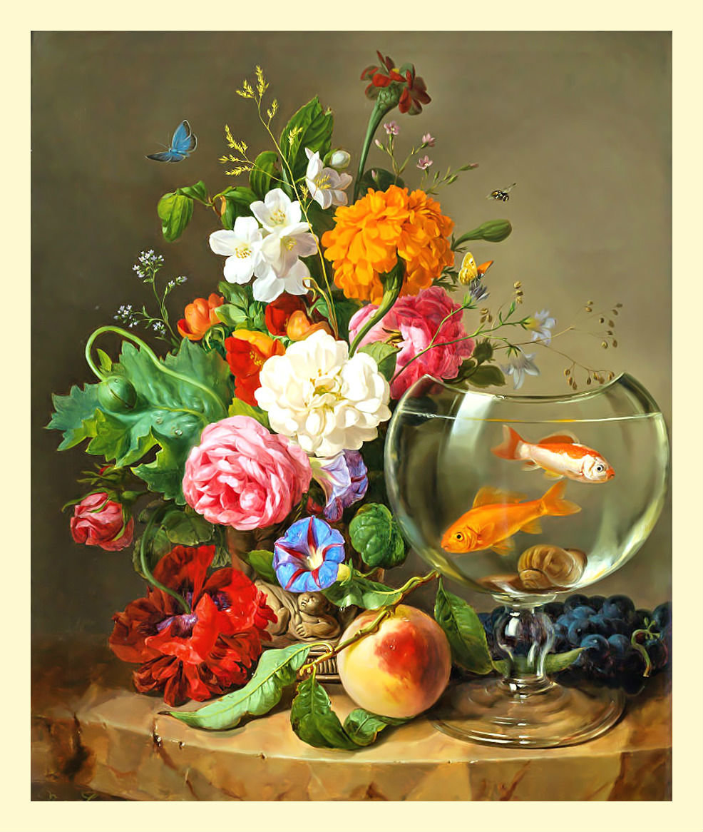 Натюрморт с рыбками. - ягоды, живопись, рыбки, цветы, натюрморт, фрукты - оригинал