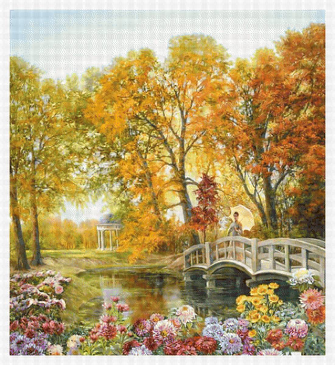 Цветущая осень. - цветы, мост, осень, пейзаж, живопись, пруд - предпросмотр
