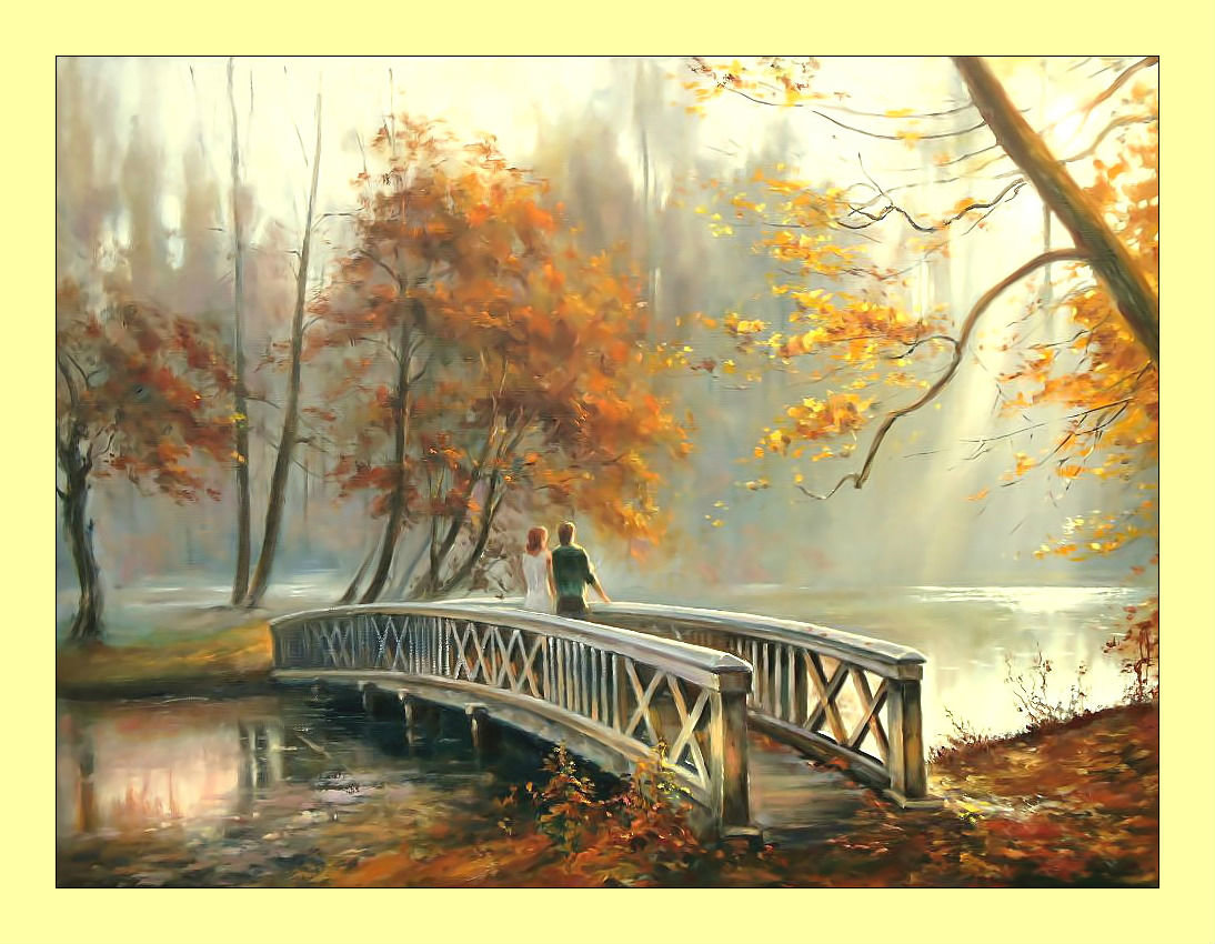 Осенний пейзаж. - мост, живопись, парк, природа, река, пейзаж, осень - оригинал
