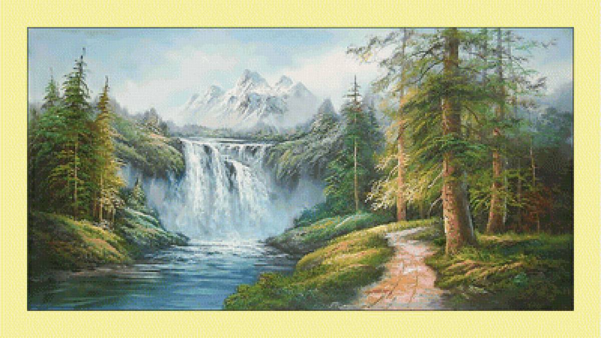 Горный водопад. - лес, водопад, живопись, горы, природа, пейзаж - предпросмотр