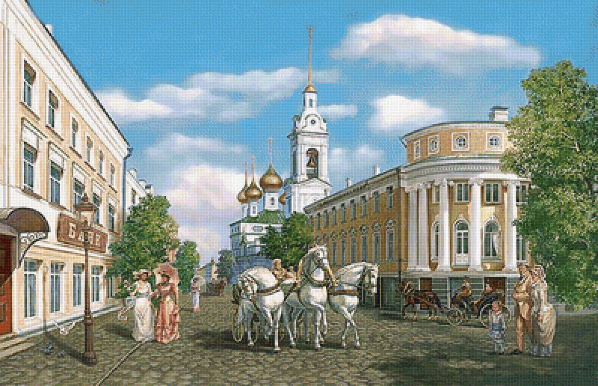 старый город - храм, старый город, улица, лошади, люди, городской пейзаж - предпросмотр