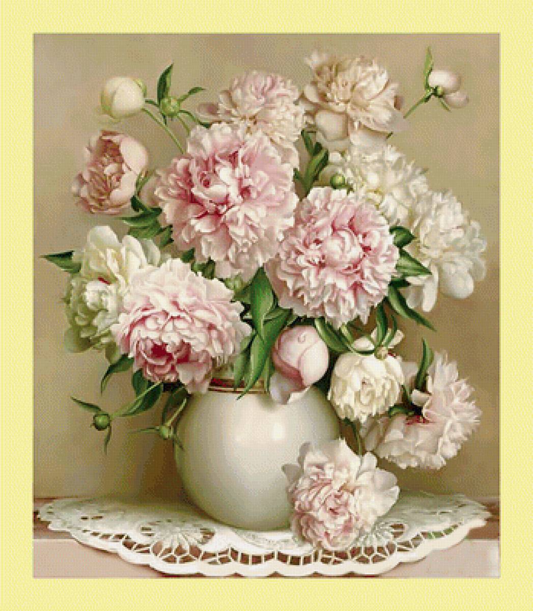 Нежные пионы. - пионы, букет, цветы, ваза, живопись - предпросмотр