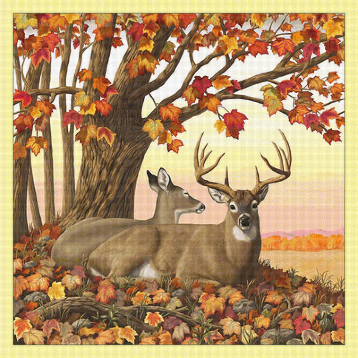 Олени в осеннем лесу. - рисунок, осень, лес, животные, олени - предпросмотр