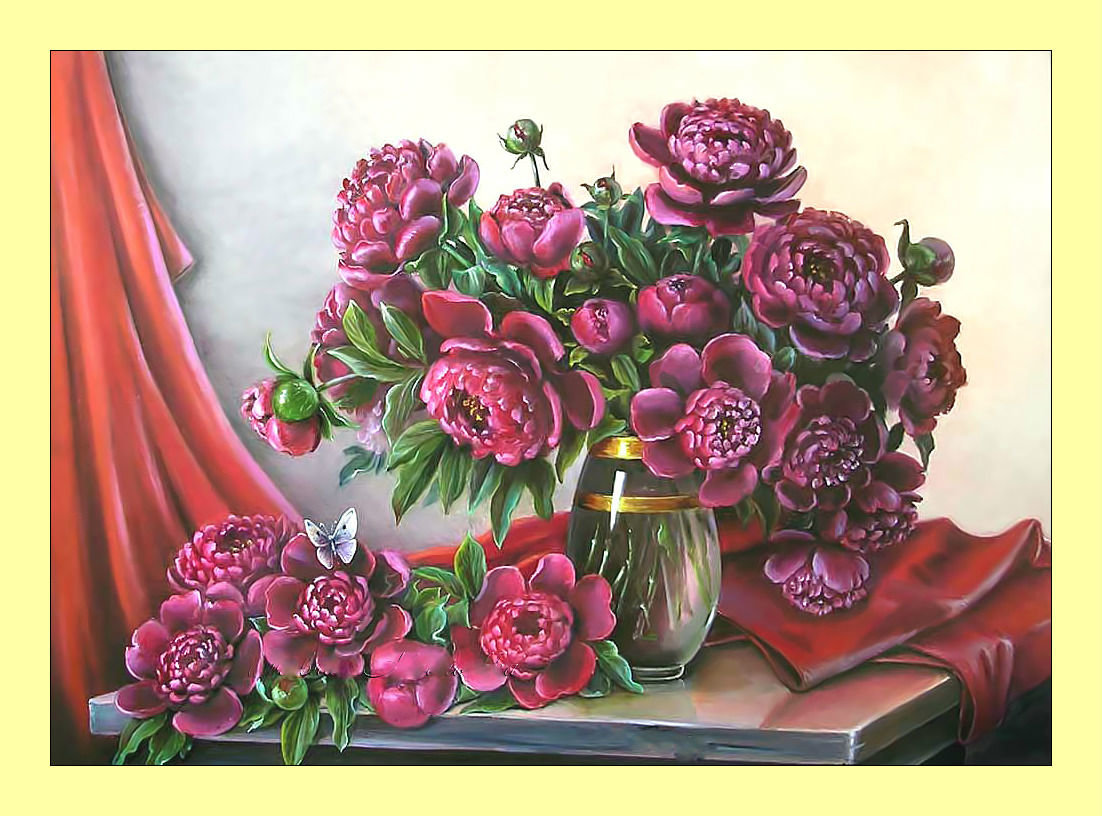 Бордовые пионы. - ваза, букет, цветы, пионы, живопись - оригинал