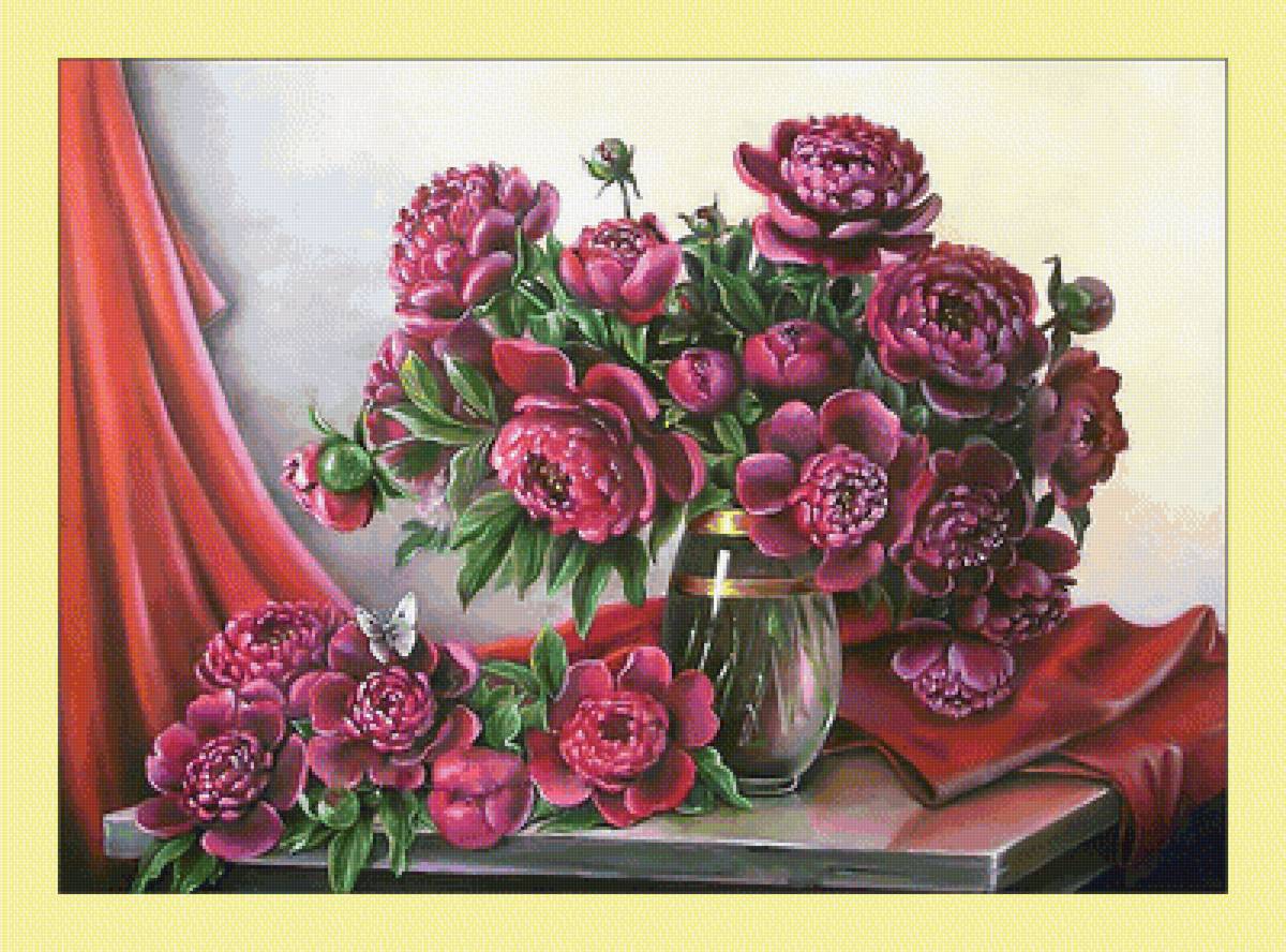 Бордовые пионы. - цветы, букет, ваза, пионы, живопись - предпросмотр