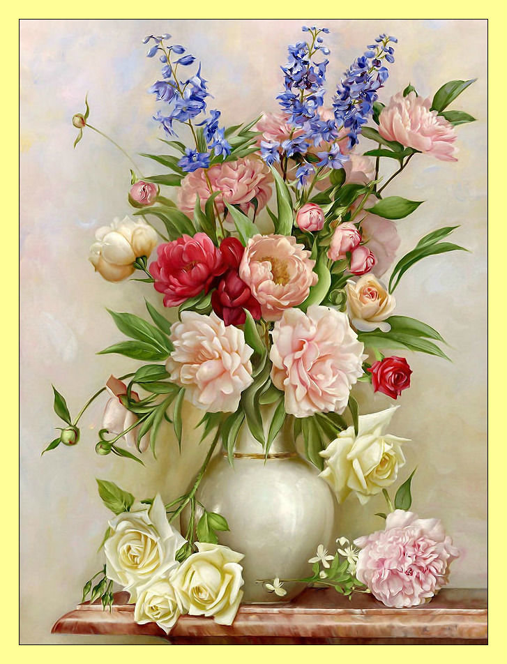 Букет. - букет, ваза, живопись, цветы, розы - оригинал