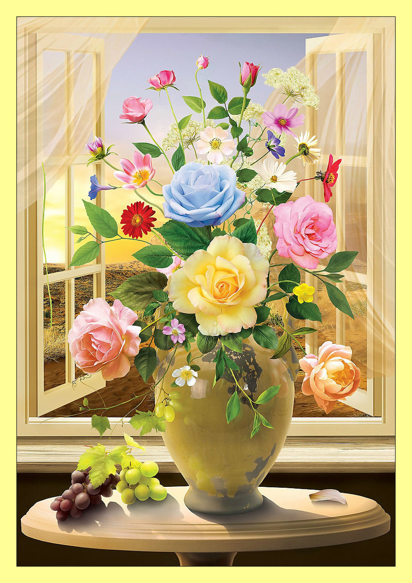 Цветочный натюрморт у окна. - натюрморт, букет, окно, цветы, виноград - оригинал