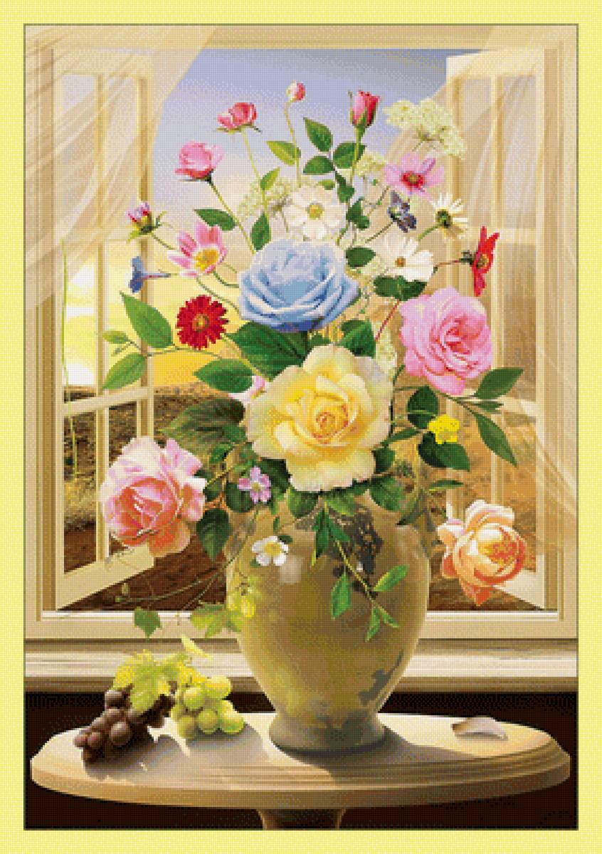 Цветочный натюрморт у окна. - букет, цветы, виноград, натюрморт, окно - предпросмотр
