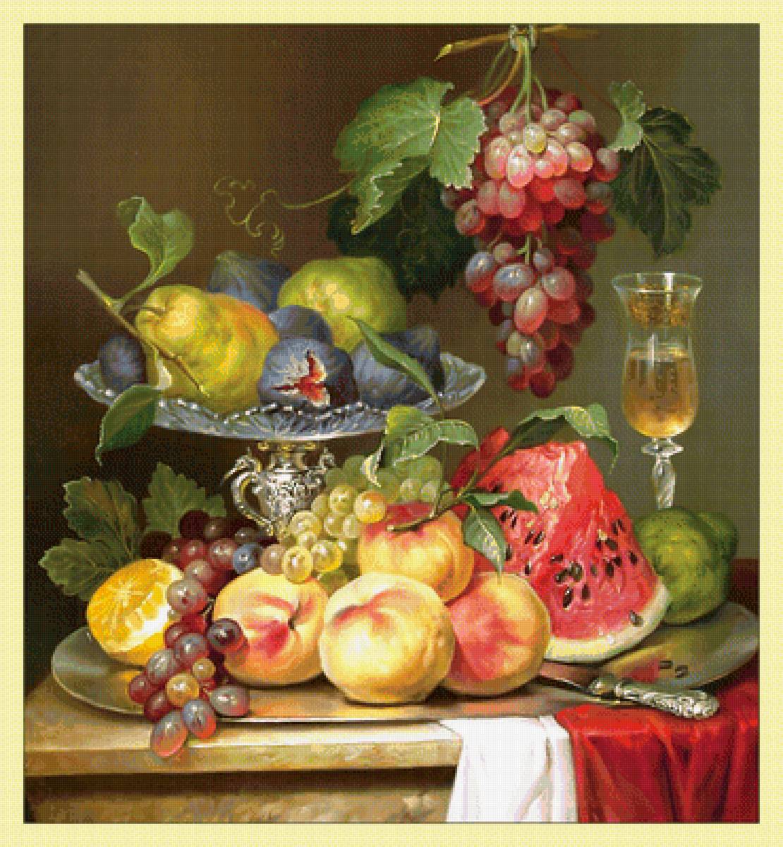 Фруктовый натюрморт. - фрукты, персики, арбуз, яблоки, живопись, натюрморт, виноград - предпросмотр