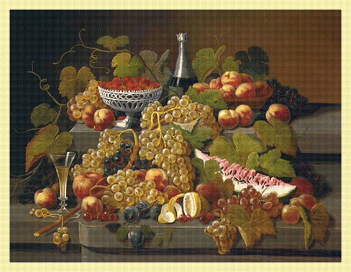 Натюрморт. - натюрморт, персики, фрукты, арбуз, живопись, виноград, яблоки - предпросмотр