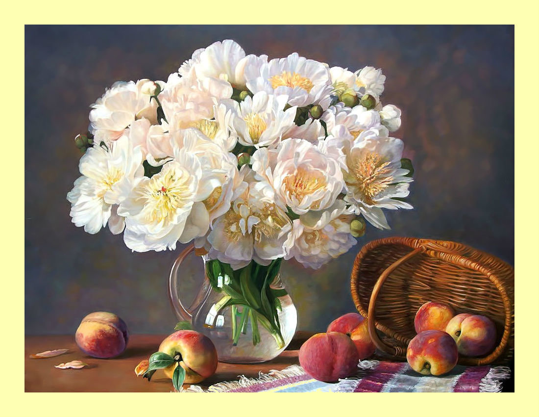 Пионы и персики. - персики, фрукты, живопись, пионы, букет, цветы, натюрморт - оригинал