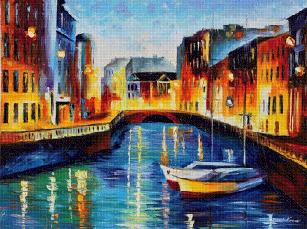 Вечерний канал /худ. Леонид Афрнмов/ - вечер, фонари, город, здания, канал - предпросмотр