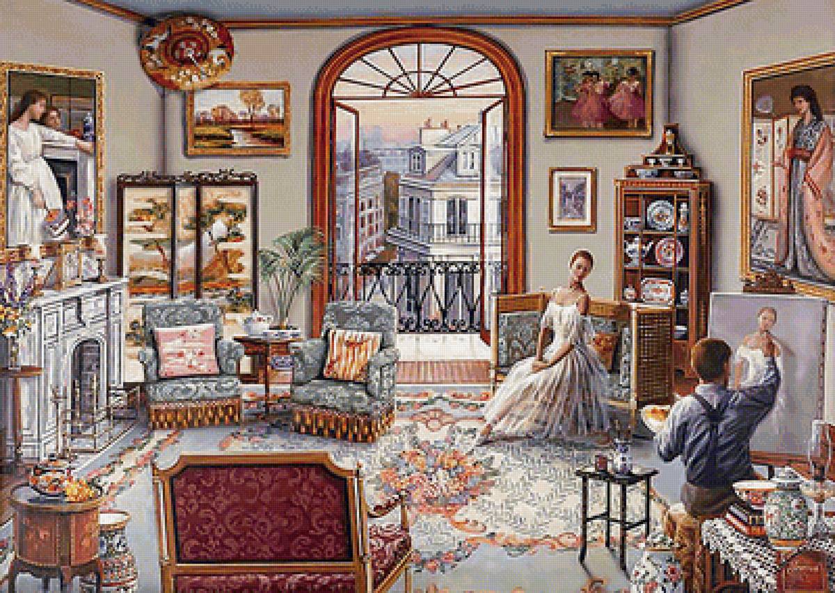 12128 - городской пейзаж, комната, художник, картина - предпросмотр