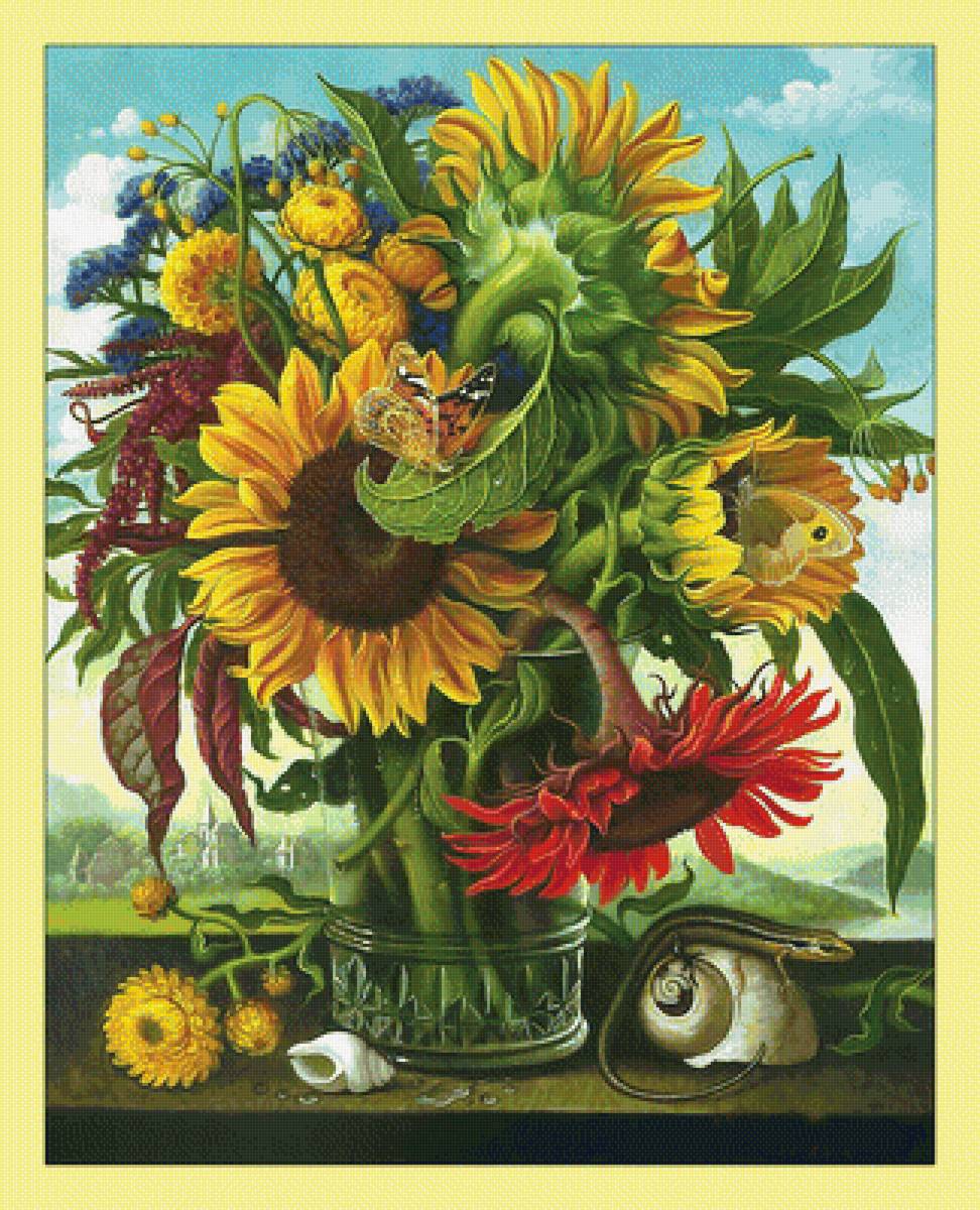 Натюрморт с подсолнухами. - живопись, подсолнухи, букет, цветы, натюрморт, ящерица - предпросмотр