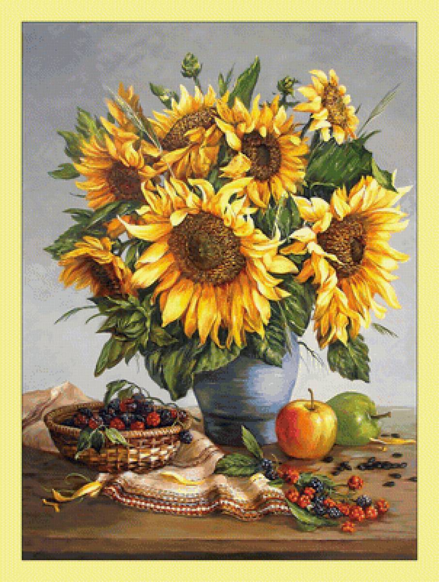 Натюрморт с подсолнухами и ягодами. - подсолнухи, цветы, букет, ягоды, натюрмор, живопись - предпросмотр