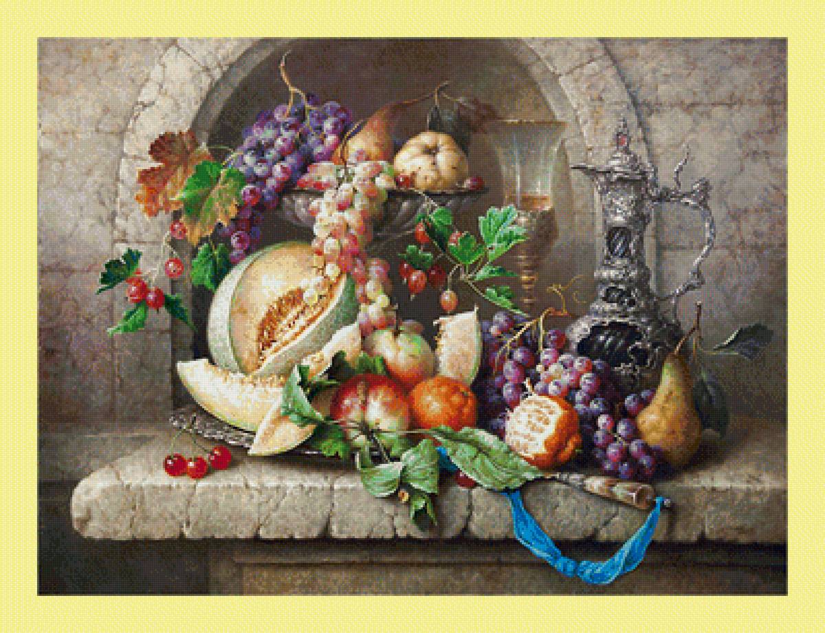 Натюрморт. - натюрморт, живопись, персики, яблоки, ягоды, виноград, фрукты - предпросмотр