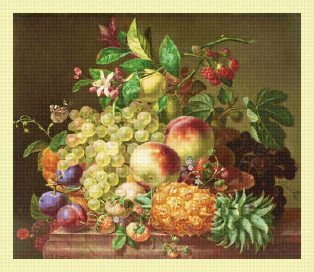 Фруктовый натюрморт. - ананас, натюрморт, живопись, ягоды, виноград, фрукты - предпросмотр