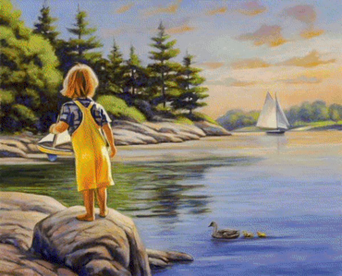 Boy and His Boat. - john zaccheo paintings.seascapes.children.birds. - предпросмотр