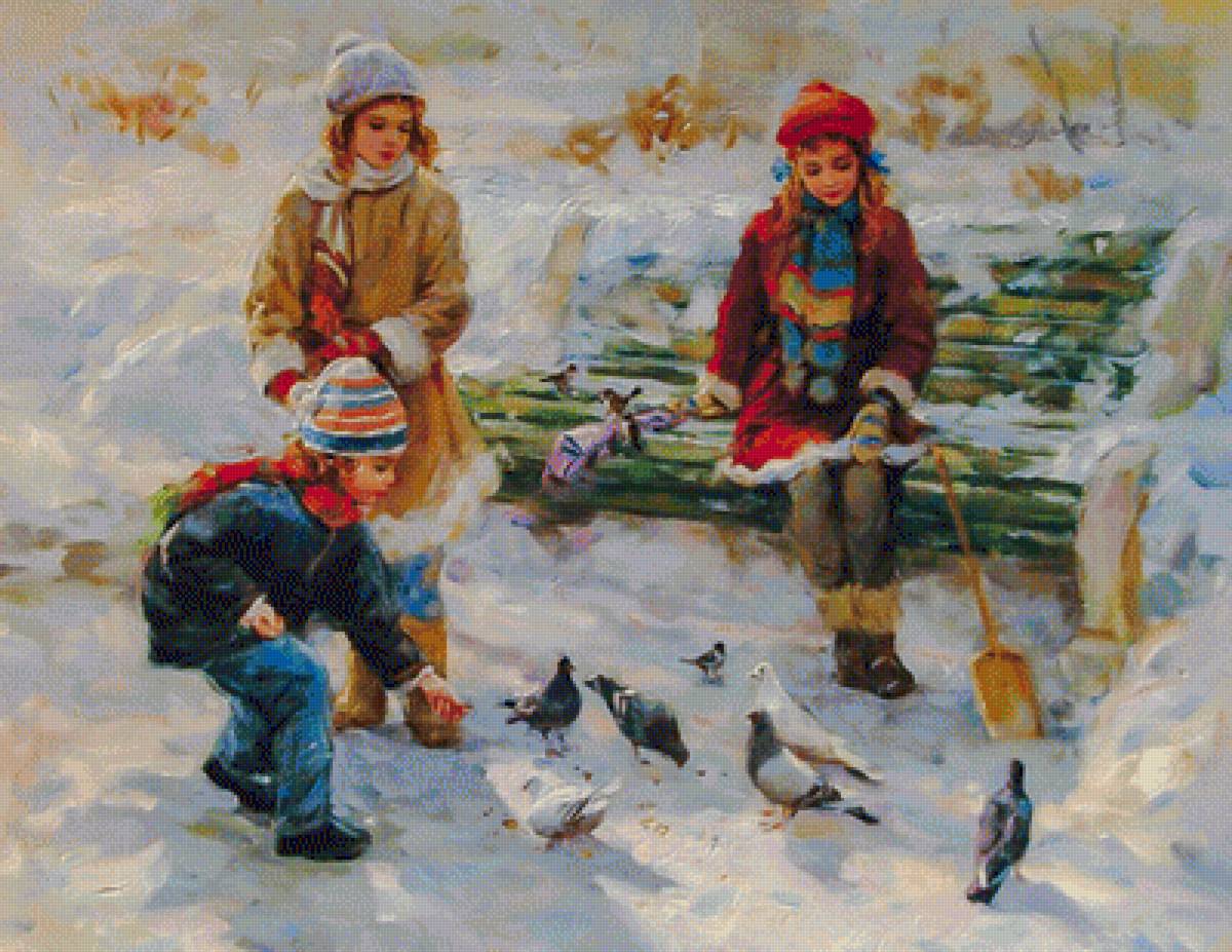 Feeding the Doves. - konstantin razumov paintings.snowscenes.children.birds. - предпросмотр