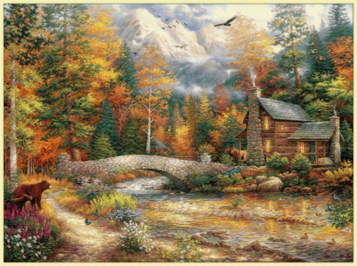 Домик в лесу. - пейзаж, природа, мост, животные, живопись, лес, осень, горы - предпросмотр