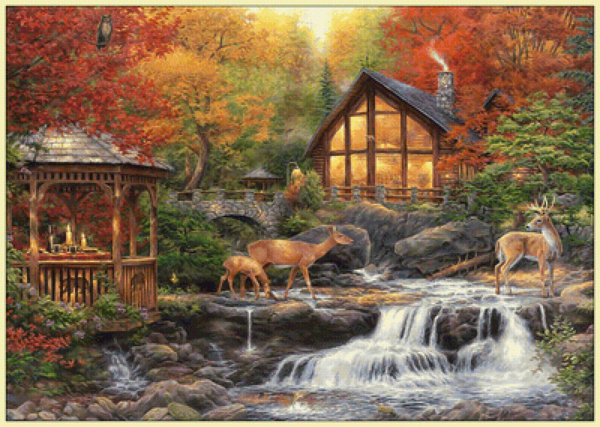 Дом у реки. - олени, река, природа, пейзаж, осень, лес, живопись, дом - предпросмотр