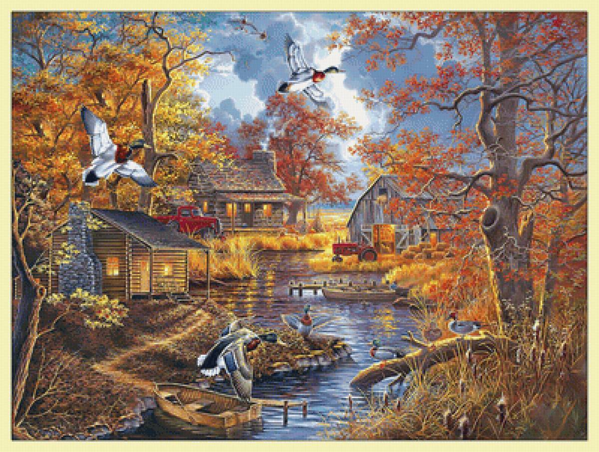 Домик у реки. - домик, пейзаж, природа, река, утки, живопись - предпросмотр