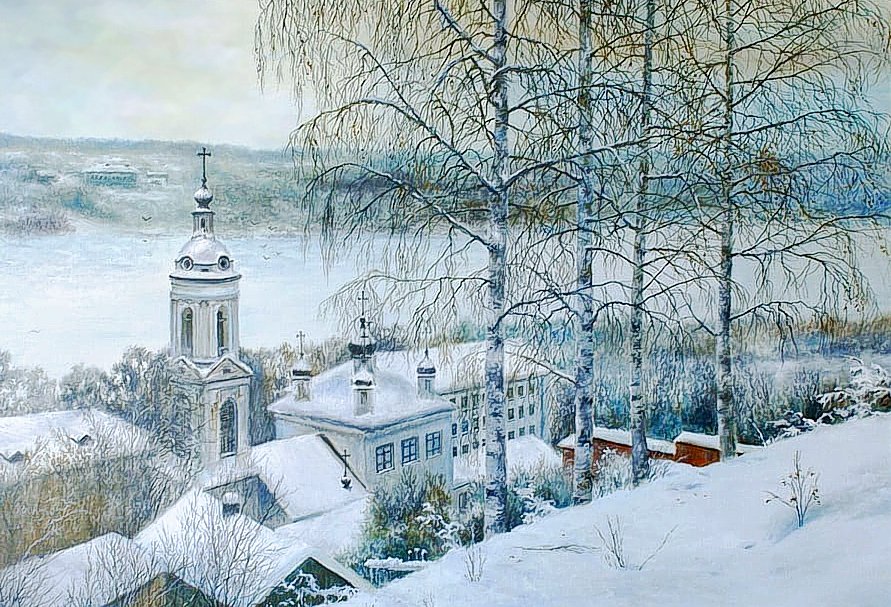 №1991872 - храм. дома, пейзаж, зима, береза - оригинал