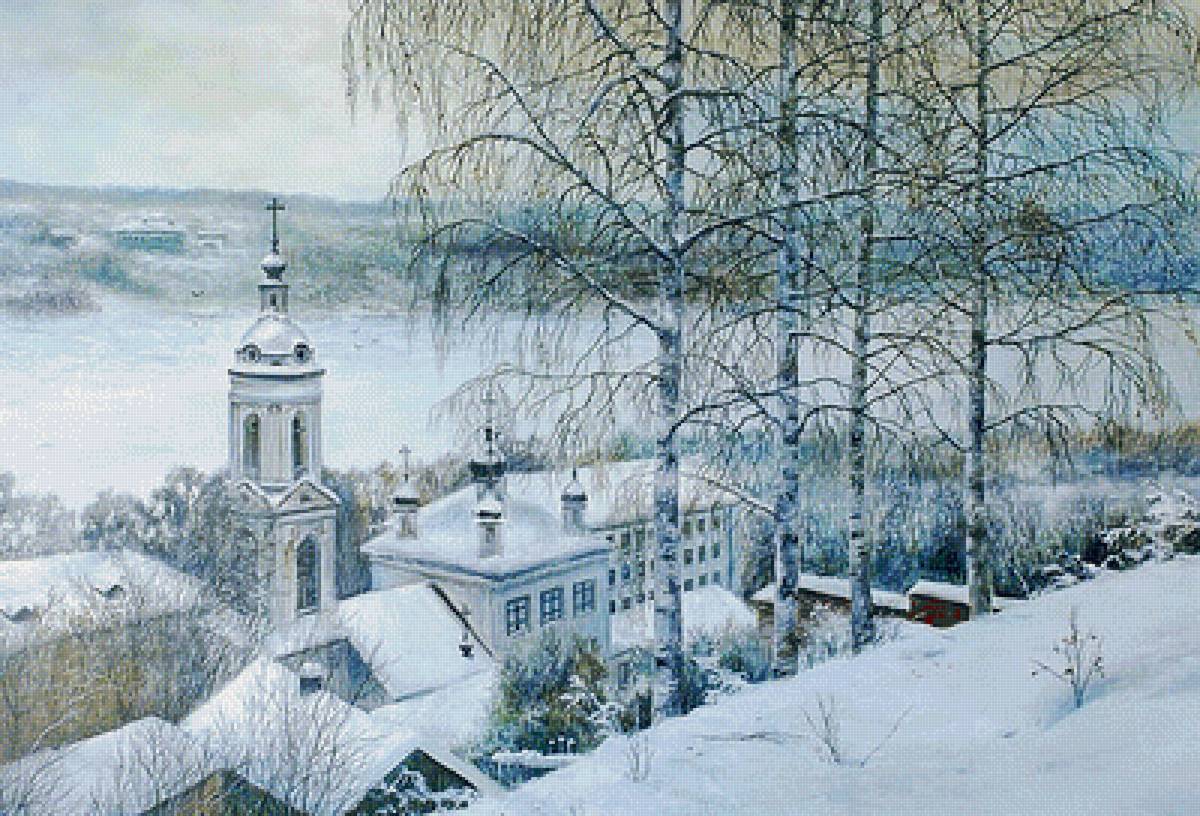 №1991872 - храм. дома, береза, пейзаж, зима - предпросмотр