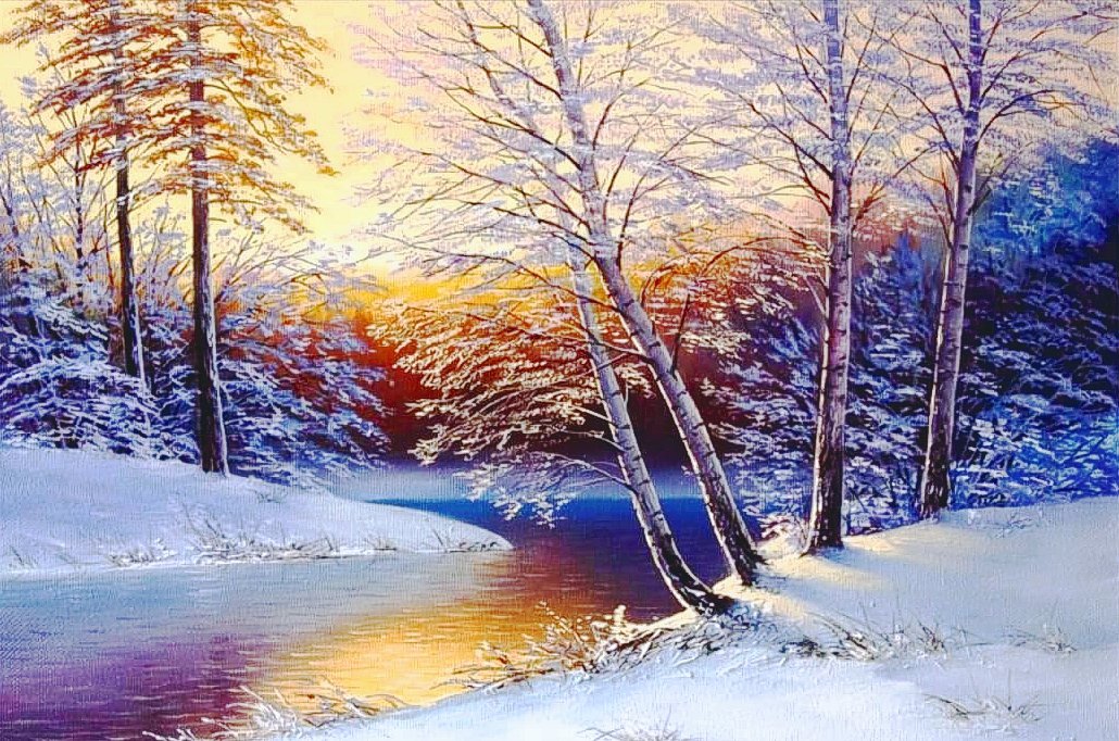 зимнее утро - река, зима, деревья, пейзаж, рассвет - оригинал