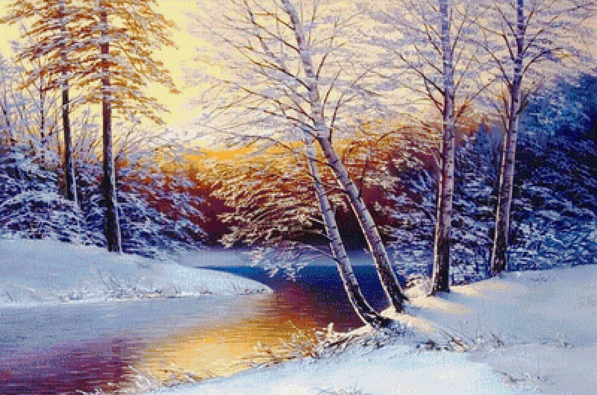 зимнее утро - река, рассвет, деревья, пейзаж, зима - предпросмотр