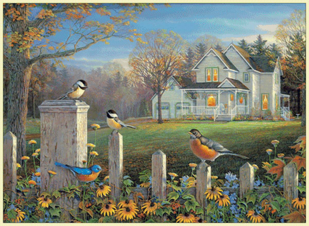 Пейзаж с птицами. - птицы, пейзаж, домик, живопись - предпросмотр