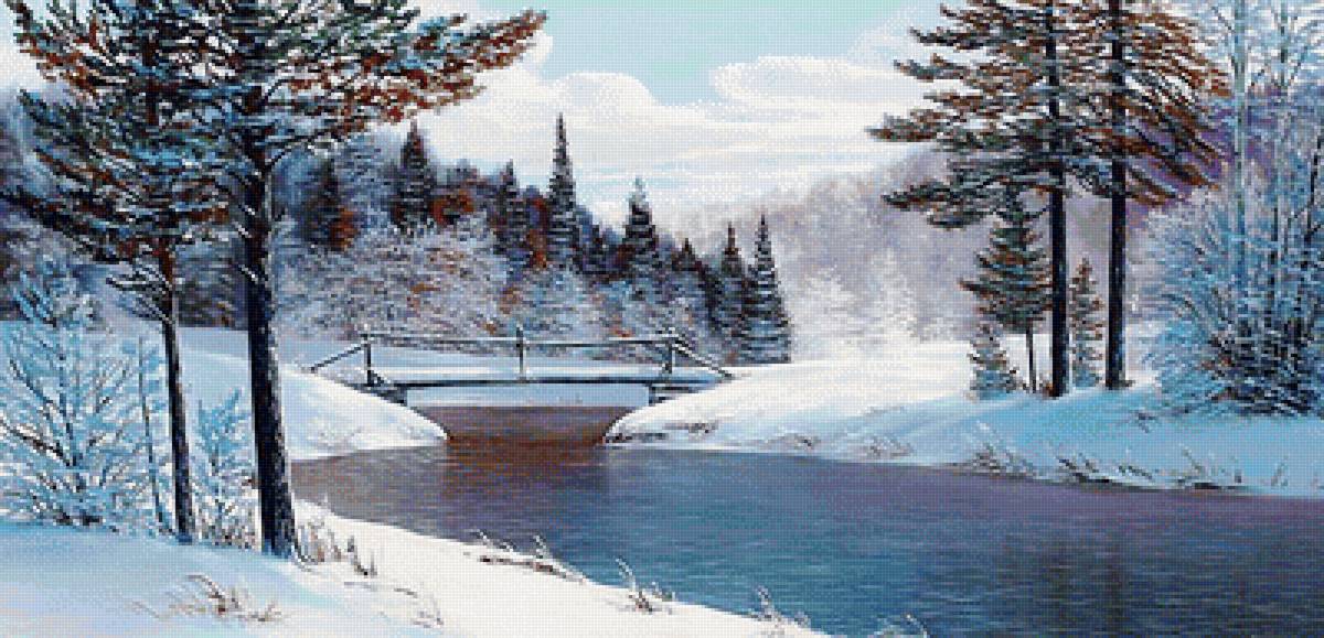 зима - лес, сосны, река, снег, пейзаж, зима, мостик - предпросмотр