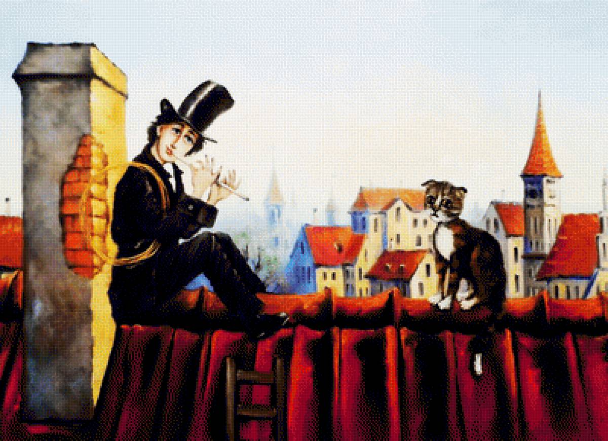 №1991927 - трубочист, живопись., кот, картина, пейзаж - предпросмотр