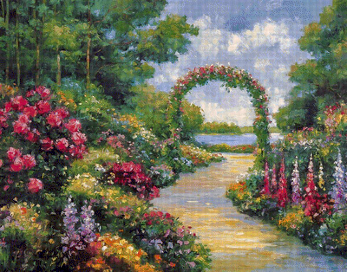 Lakeside Arbor. - john zaccheo paintings.scenarys.flowers and gardens. - предпросмотр