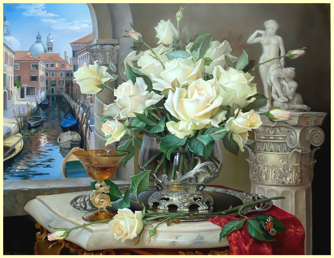 Белые розы. Венеция. - пейзаж, розы, натюрморт, живопись, букет, цветы - оригинал